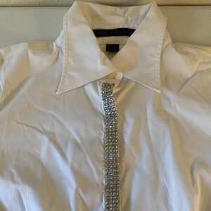 Express Design Studio White Button Down Shirt with Crystal Accent Sz L